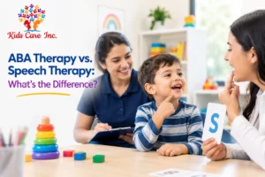 ABA therapy vs speech therapy session with a child and therapists