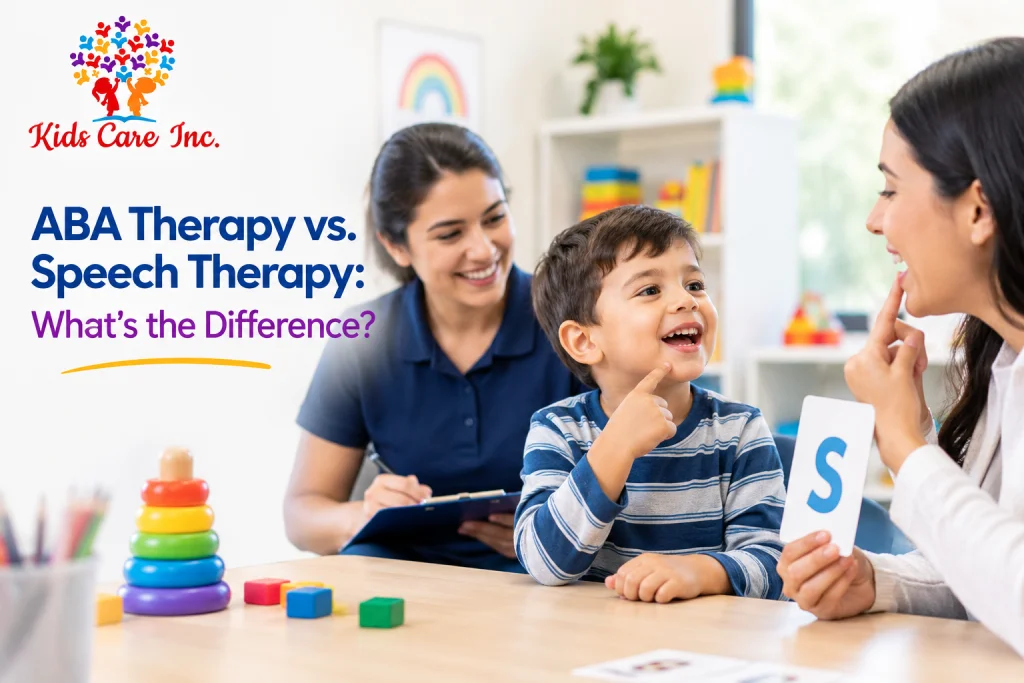 ABA therapy vs speech therapy session with a child and therapists