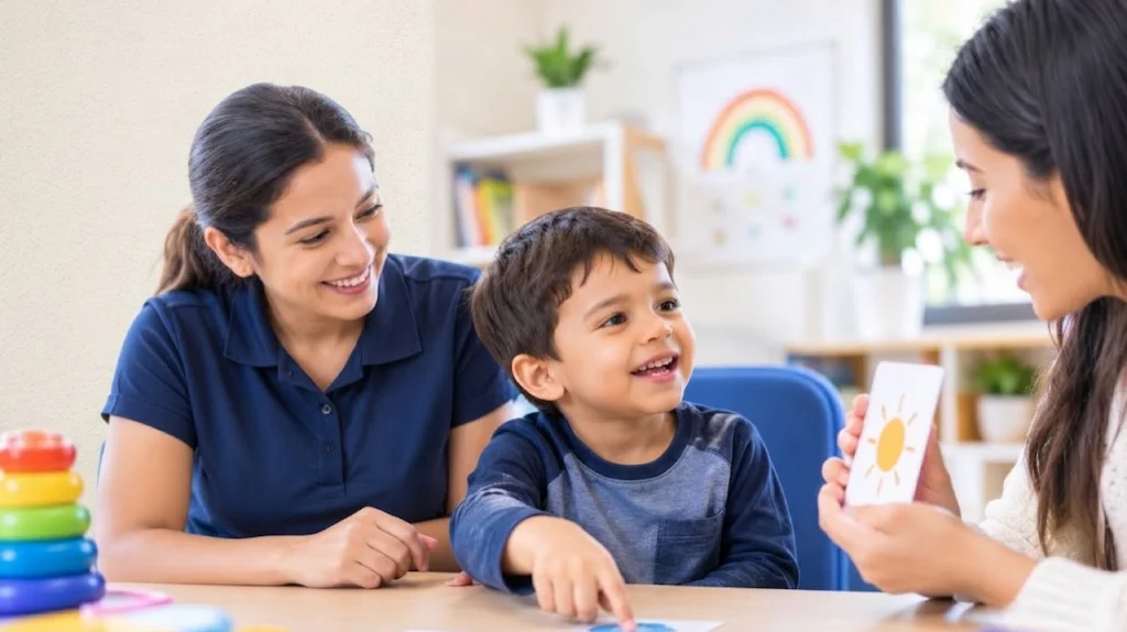 Child receiving coordinated ABA therapy and speech therapy from therapists