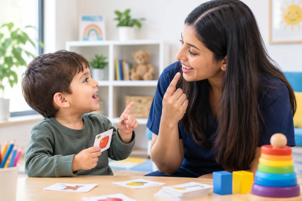 Child practicing speech with a caregiver using picture cards during a therapy session